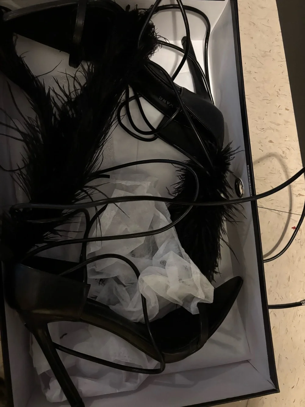 Black Feather Ankle-Tie Stiletto Sandals - Picture 4 of 6